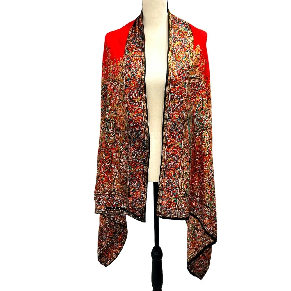 PERRY ELLIS RED, BLACK & GREEN TAPESTRY DESIGN 100% SILK SCARF